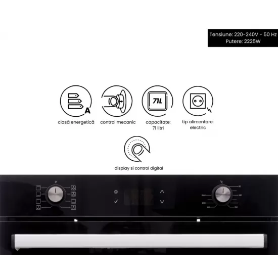 Cuptor electric incorporabil Hausberg HB-8054NG, Clasa A, volum 71L, putere 2225W, panou sticla termoizolant, termostat, timer, 7 functii, ventilatie, Negru Cuptor electric incorporabil Hausberg HB-8054NG, Clasa A, volum 71L, putere 2225W, panou sticla termoizolant, termostat, timer, 7 functii, ventilatie, Negru