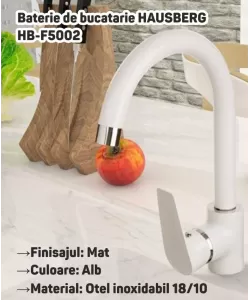Baterie de bucatarie HAUSBERG HB-F5002, monocomanda, finisaj mat, Alb Baterie de bucatarie HAUSBERG HB-F5002, monocomanda, finisaj mat, Alb
