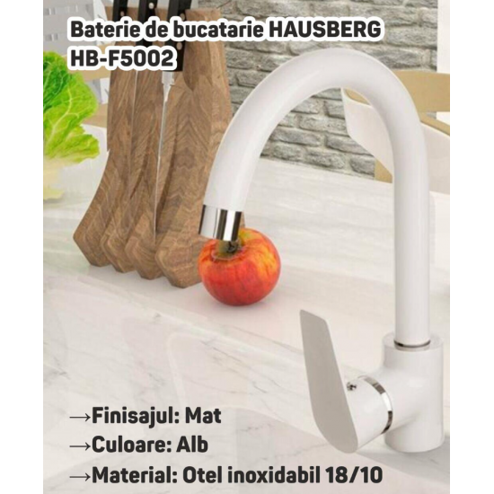 Baterie de bucatarie HAUSBERG HB-F5002, monocomanda, finisaj mat, Alb
