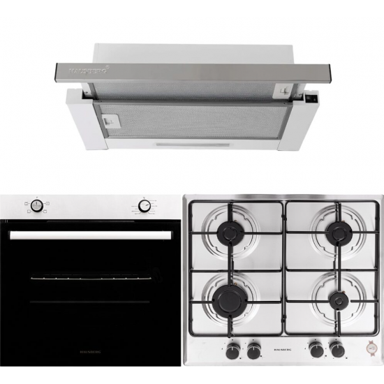 Pachet Incorporabil Cuptor electric Hausberg HB-8051IN, Clasa A, 76L, 2000W, Negru/Inox, Plita Incorporabila HB-555, 4 arzatoare, Gaz, Inox, Hota incorporabila telescopica HB-1285IN, Putere de absorbtie 420 m3/h, 2 motoare, 60 cm, Inox/Alb