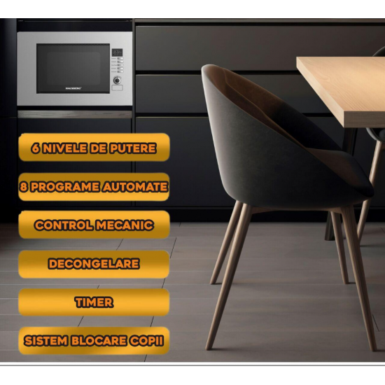 Cuptor cu microunde incorporabil HAUSBERG HB-8065IN, 20 litri, 1200 W, 6 nivele de putere, 8 programe automate, control mecanic, decongelare, timer, sistem blocare copii, argintiu