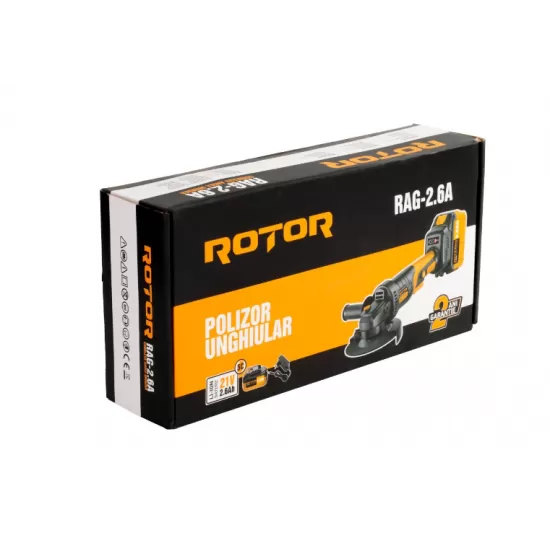 Polizor unghiular pe acumulator ROTOR RAG-2.6A, 21V/2,6 Ah, 600W, Brushless Polizor unghiular pe acumulator ROTOR RAG-2.6A, 21V/2,6 Ah, 600W, Brushless