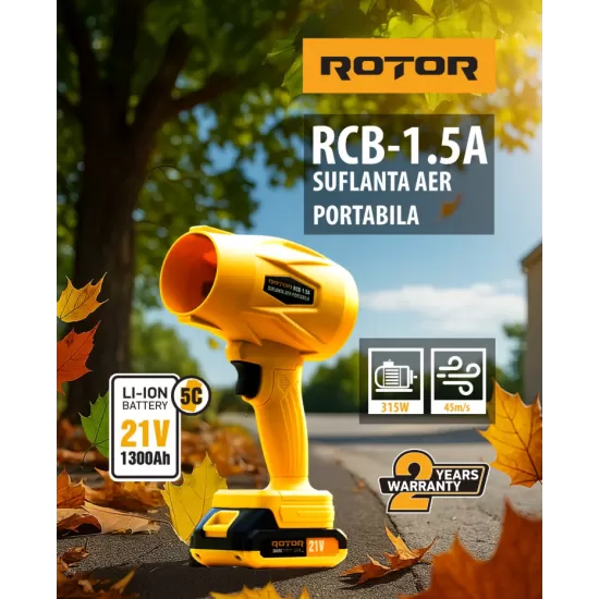 Suflantă aer pe acumulator ROTOR RCB-1.5A 45m/s, 21V/1,3Ah Suflantă aer pe acumulator ROTOR RCB-1.5A 45m/s, 21V/1,3Ah