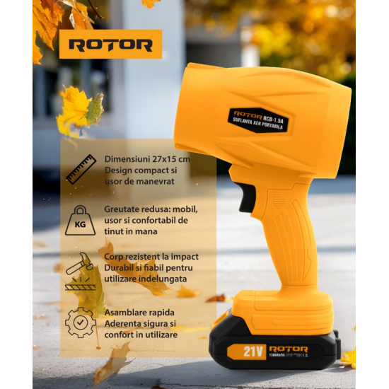 Suflantă aer pe acumulator ROTOR RCB-1.5A 45m/s, 21V/1,3Ah