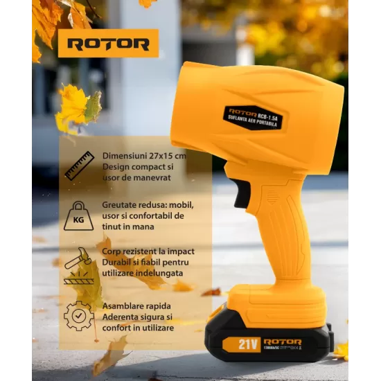Suflantă aer pe acumulator ROTOR RCB-1.5A 45m/s, 21V/1,3Ah Suflantă aer pe acumulator ROTOR RCB-1.5A 45m/s, 21V/1,3Ah