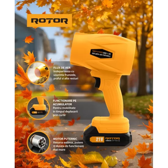 Suflantă aer pe acumulator ROTOR RCB-1.5A 45m/s, 21V/1,3Ah Suflantă aer pe acumulator ROTOR RCB-1.5A 45m/s, 21V/1,3Ah