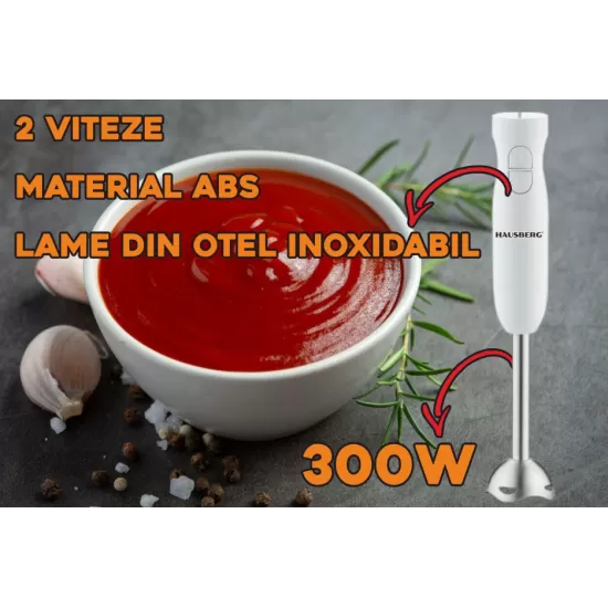 Blender de mana HAUSBERG HB-7674AB, 300W, 2 viteze, material ABS, lame din otel inoxidabil, Alb Blender de mana HAUSBERG HB-7674AB, 300W, 2 viteze, material ABS, lame din otel inoxidabil, Alb