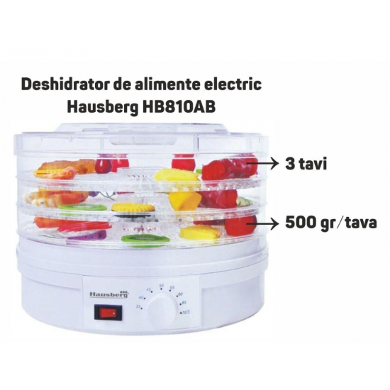 Deshidrator de alimente electric Hausberg HB-810AB ,Termostatul reglabil ,Putere 250 W, motor cupru - alb