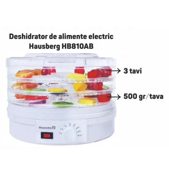 Deshidrator de alimente electric Hausberg HB-810AB ,Termostatul reglabil ,Putere 250 W, motor cupru - alb Deshidrator de alimente electric Hausberg HB-810AB ,Termostatul reglabil ,Putere 250 W, motor cupru - alb