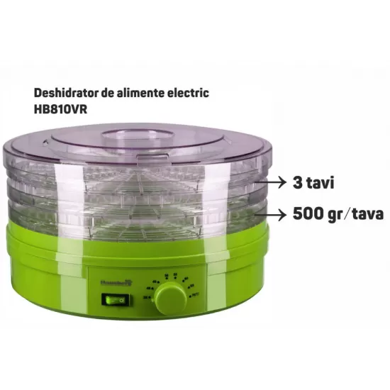 Deshidrator de alimente electric Hausberg HB810VR ,Termostatul reglabil ,Putere 250 W - motor cupru, verde Deshidrator de alimente electric Hausberg HB810VR ,Termostatul reglabil ,Putere 250 W - motor cupru, verde
