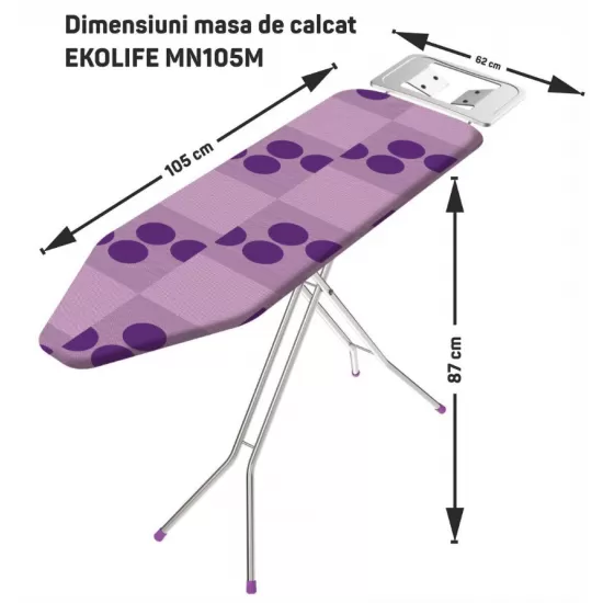 Masa de calcat EKOLIFE MN105M, vopsea electrostatica, husa bumbac si poliester, 62 x 87 x 105 cm Masa de calcat EKOLIFE MN105M, vopsea electrostatica, husa bumbac si poliester, 62 x 87 x 105 cm