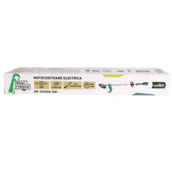 Motocoasa (Trimmer) electrica Micul Fermier 20V, 2 acumulatori 4Ah, maner simplu, motor fara perii Motocoasa (Trimmer) electrica Micul Fermier 20V, 2 acumulatori 4Ah, maner simplu, motor fara perii