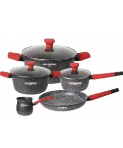 Set oale 8 piese HAUSBERG HB-H764, interior antiaderent marmorat, manere soft touch, capac sticla Set oale 8 piese HAUSBERG HB-H764, interior antiaderent marmorat, manere soft touch, capac sticla