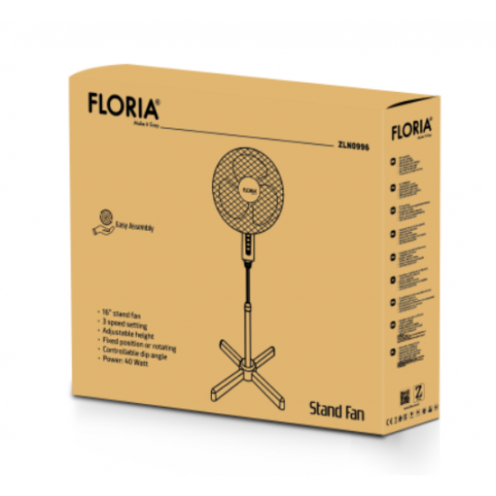 Ventilator cu picior Zilan ZLN-0996, 3 trepte de viteza, inaltime reglabila, Rotire stanga-dreapta, Unghi inclinare reglabil, 40W