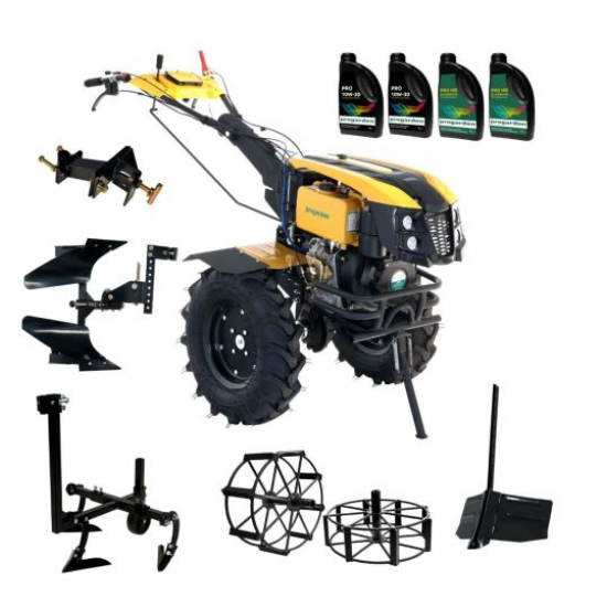 ProGARDEN Pachet Campo 1273 Alpine V2, Motocultor 12CP + PRS20-45 Prasitoare+Plug bilonat/rarita +PR2B-31 Plug reversibil+Adaptor + 2 Roti metalice 540x170 + 4 L Ulei