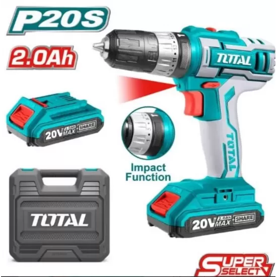 TOTAL - Masina de gaurit cu percutie si acumulator 20V-2.0Ah Li-Ion P20S (2 acumulatori) new SS TOTAL - Masina de gaurit cu percutie si acumulator 20V-2.0Ah Li-Ion P20S (2 acumulatori) new SS