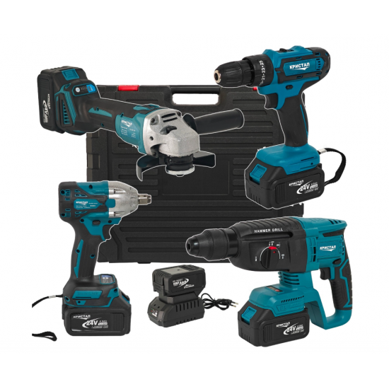 Trusa 4 piese cu 3 ACUMULATORI, autofiletanta, rotopercutor, polizor unghiular, bormasina impact, 24V, 4Ah