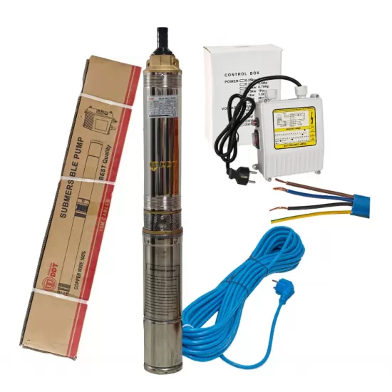 Pompa submersibila multietajata de mare adancime DDT, 4SDM2/8 DDT-0077, 1500 W, apa curata, carcasa inox-fonta,debit maxim 7000 L/h, inaltime maxim 120m, diametru pompa 100 mm, panou comanda, 15m cabl Pompa submersibila multietajata de mare adancime DDT, 4SDM2/8 DDT-0077, 1500 W, apa curata, carcasa inox-fonta,debit maxim 7000 L/h, inaltime maxim 120m, diametru pompa 100 mm, panou comanda, 15m cabl