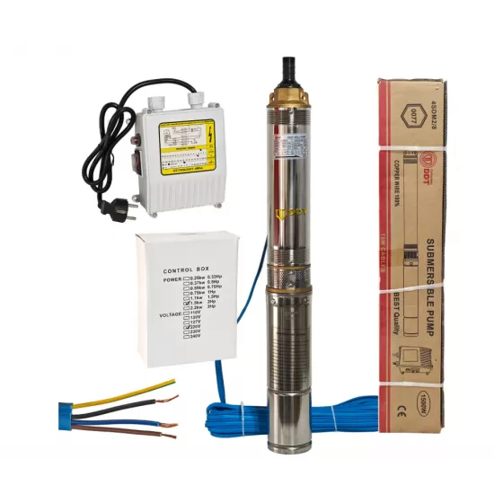 Pompa submersibila multietajata de mare adancime DDT, 4SDM2/8 DDT-0077, 1500 W, apa curata, carcasa inox-fonta,debit maxim 7000 L/h, inaltime maxim 120m, diametru pompa 100 mm, panou comanda, 15m cabl Pompa submersibila multietajata de mare adancime DDT, 4SDM2/8 DDT-0077, 1500 W, apa curata, carcasa inox-fonta,debit maxim 7000 L/h, inaltime maxim 120m, diametru pompa 100 mm, panou comanda, 15m cabl