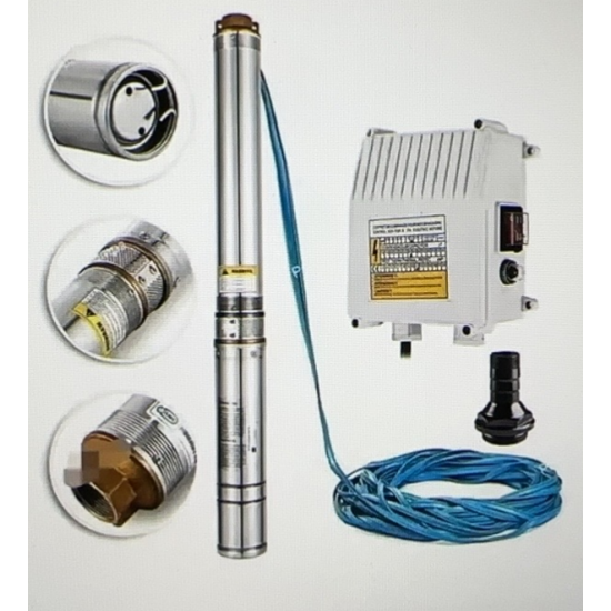 Pompa submersibila multietajata de mare adancime DDT, 4SDM2/8 DDT-0077, 1500 W, apa curata, carcasa inox-fonta,debit maxim 7000 L/h, inaltime maxim 120m, diametru pompa 100 mm, panou comanda, 15m cabl