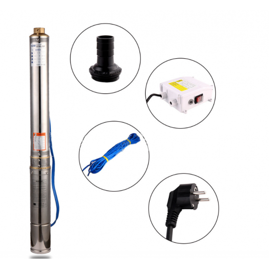 Pompa submersibila multietajata de mare adancime DDT, 4SDM2/8 DDT-0077, 1500 W, apa curata, carcasa inox-fonta,debit maxim 7000 L/h, inaltime maxim 120m, diametru pompa 100 mm, panou comanda, 15m cabl