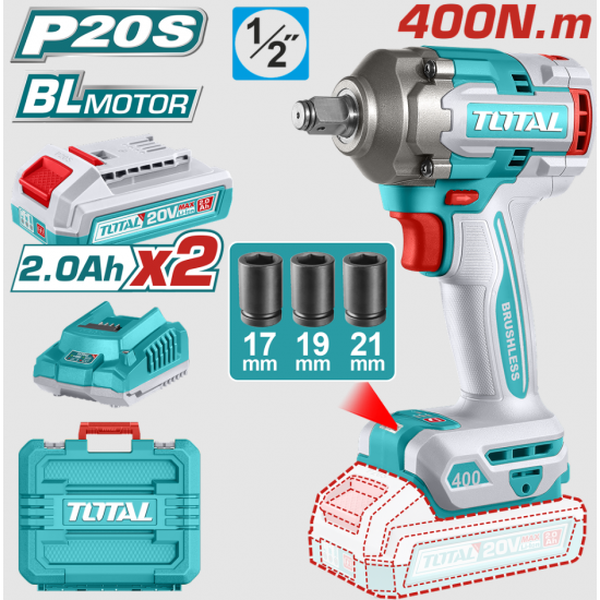 TOTAL - MASINA DE INSURUBAT CU IMPACT CU ACUMULATOR 20V-2.0AH LI-ION (INCLUDE 2 ACUMULATORI,1 INCARC