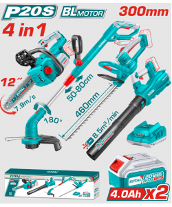 TOTAL - KIT COMBO 20V -4.0Ah - DRUJBA. TRIMMER PENTRU GARD VIU, SUFLANTA, TRIMMER DE TUNS IARBA (INC
