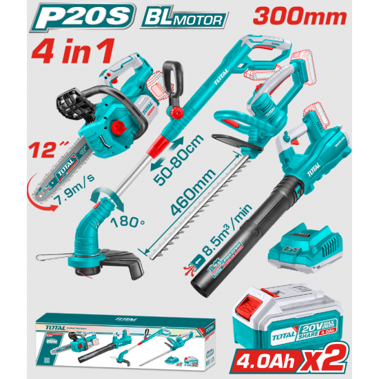 TOTAL - KIT COMBO 20V -4.0Ah - DRUJBA. TRIMMER PENTRU GARD VIU, SUFLANTA, TRIMMER DE TUNS IARBA (INC