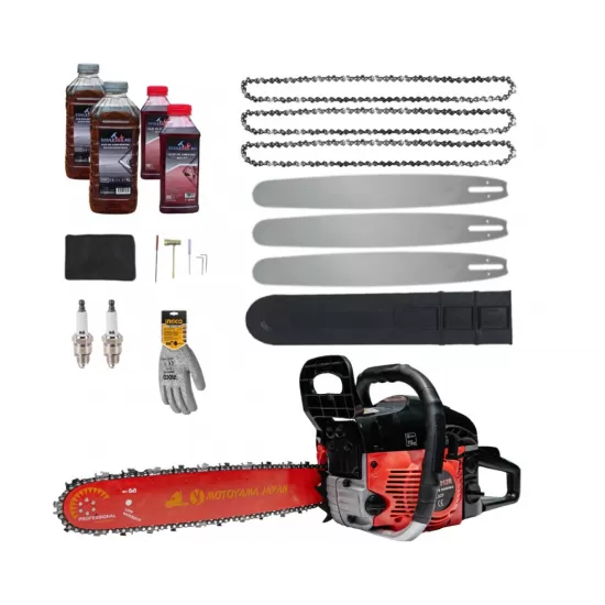 Pachet Drujba benzina 8.5cp + 3 lanturi + 3 lame + x2 ulei ungere lant 1L + x2 ulei amestec 0.5L + x2 bujii + accesorii + manusi protectie, MOTOYAMA JAPAN