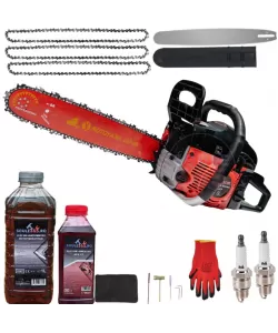 PACHET Drujba benzina 8.5CP + 3 lanturi + 1 lama + x1 ulei ungere 1L, x1 ulei ameste 0.5l + accesorii + manusi protectie + 2 bujii, MOTOYAMA JAPAN