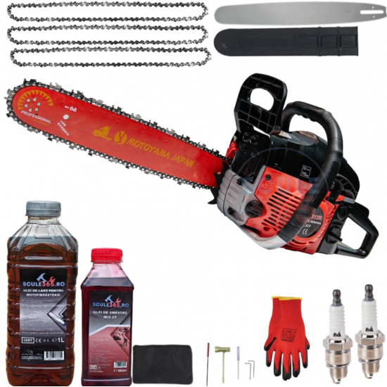 PACHET Drujba benzina 8.5CP + 3 lanturi + 1 lama + x1 ulei ungere 1L, x1 ulei ameste 0.5l + accesorii + manusi protectie + 2 bujii, MOTOYAMA JAPAN