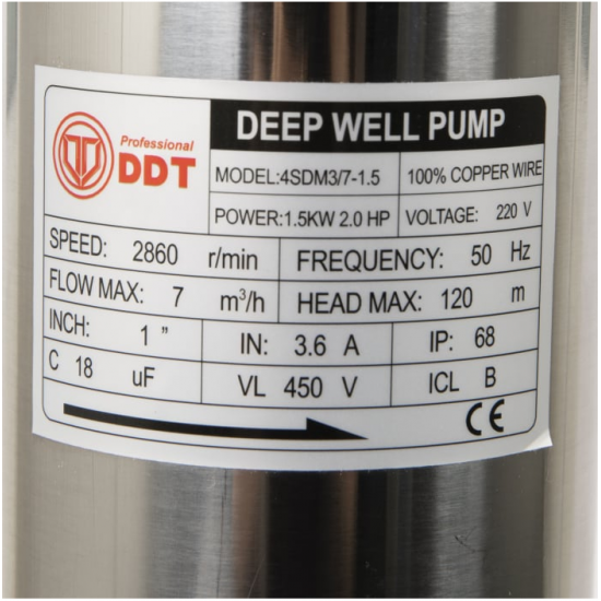 Pompa submersibila de mare adancime, DDT, 4SDM3-7, 1500 W, 7 m³/h, 7 turbine, Inox, 30 m cablu + Presostat electronic automat, DDT, LS-4 + accesorii