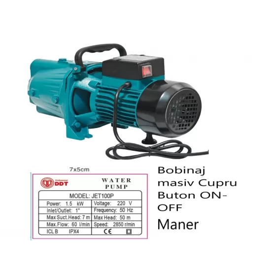 Pompa de suprafata JET100P, 1.5kW, apa curata, 60L/min, 50m, 1" cu buton pornire-oprire si bobinaj masiv cupru Pompa de suprafata JET100P, 1.5kW, apa curata, 60L/min, 50m, 1" cu buton pornire-oprire si bobinaj masiv cupru