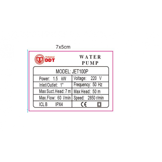 Pompa de suprafata JET100P, 1.5kW, apa curata, 60L/min, 50m, 1" cu buton pornire-oprire si bobinaj masiv cupru