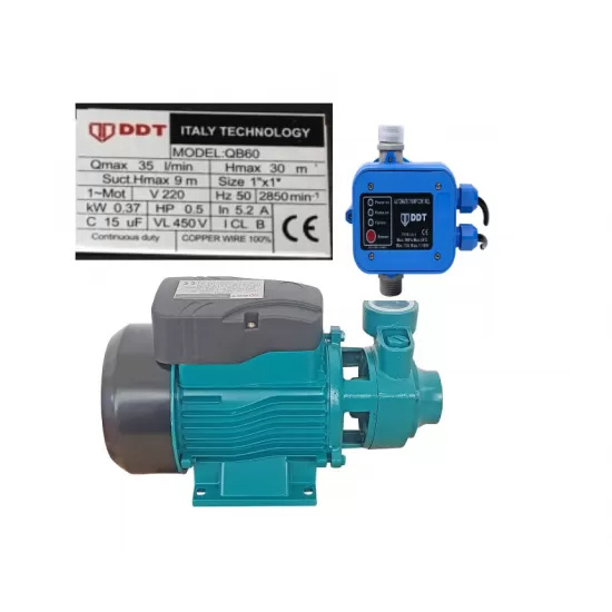 Pachet Pompa de suprafata DDT QB60, 370 W, aspiratie 7 m, refulare 30 m, BOBINAJ CUPRU + Presostat electronic automat DDT LS1, 1.1kW, 10 bar Pachet Pompa de suprafata DDT QB60, 370 W, aspiratie 7 m, refulare 30 m, BOBINAJ CUPRU + Presostat electronic automat DDT LS1, 1.1kW, 10 bar