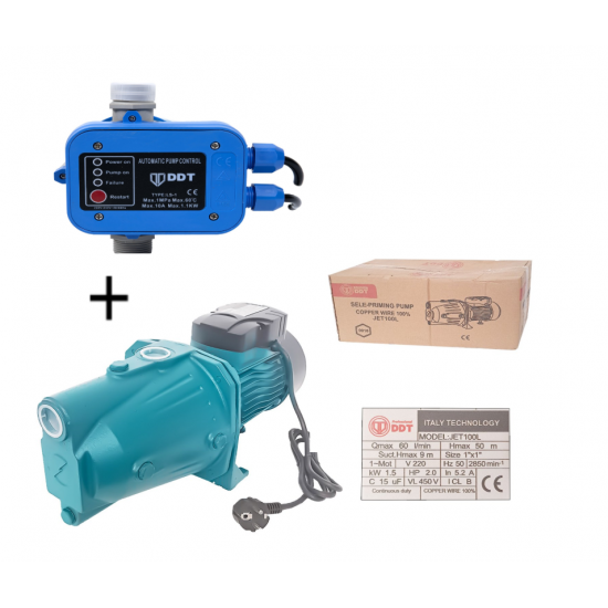 Pachet Pompa de suprafata, DDT, JET100L, 1500 W, Fonta, Bobinaj 100% cupru + Presostat electronic automat DDT LS1, 1.1kW, 10 bar