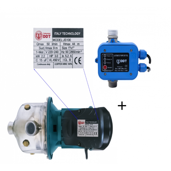 Pachet Pompa autoamorsanta de suprafata, DDT, JS100, 2200 W, 3000l/h + Presostat electronic automat DDT LS1, 1.1kW, 10 bar