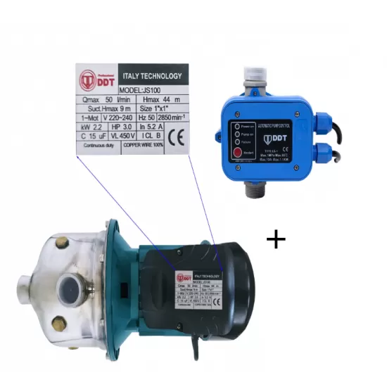 Pachet Pompa autoamorsanta de suprafata, DDT, JS100, 2200 W, 3000l/h + Presostat electronic automat DDT LS1, 1.1kW, 10 bar Pachet Pompa autoamorsanta de suprafata, DDT, JS100, 2200 W, 3000l/h + Presostat electronic automat DDT LS1, 1.1kW, 10 bar