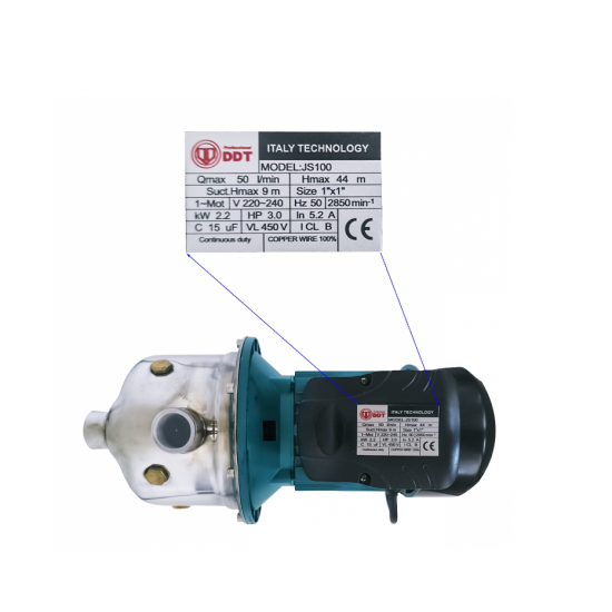 Pachet Pompa autoamorsanta de suprafata, DDT, JS100, 2200 W, 3000l/h + Presostat electronic automat DDT LS1, 1.1kW, 10 bar