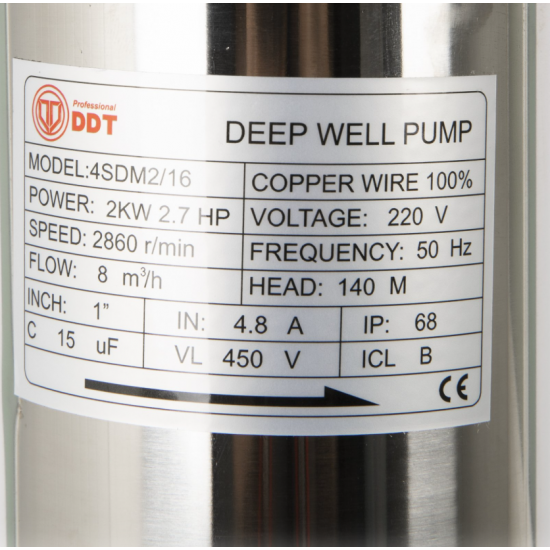 Pompa submersibila de mare adancime, DDT, 4SDM2-16, 2000 W, Inox, 16 turbine + Presostat electronic automat, DDT, LS-4