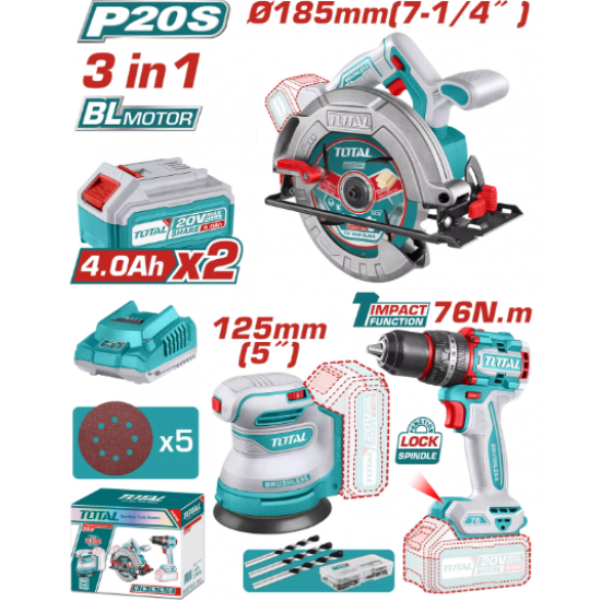 TOTAL - KIT COMBO 20V -4.0Ah - FIERASTRAU CIRCULAR, SLEFUITOR , MASINA DE GAURIT CU IMPACT (INCLUDE