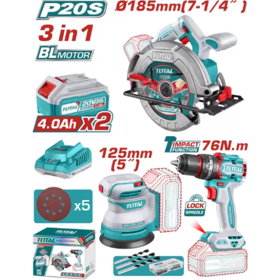 TOTAL - KIT COMBO 20V -4.0Ah - FIERASTRAU CIRCULAR, SLEFUITOR , MASINA DE GAURIT CU IMPACT (INCLUDE TOTAL - KIT COMBO 20V -4.0Ah - FIERASTRAU CIRCULAR, SLEFUITOR , MASINA DE GAURIT CU IMPACT (INCLUDE