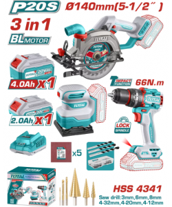 TOTAL - KIT COMBO 20V - FIERASTRAU CIRCULAR, MASINA DE GAURIT CU IMPACT, SLEFUITOR (INCLUDE 2 ACUMUL