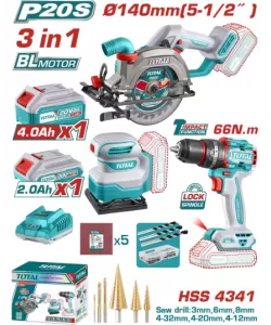 TOTAL - KIT COMBO 20V - FIERASTRAU CIRCULAR, MASINA DE GAURIT CU IMPACT, SLEFUITOR (INCLUDE 2 ACUMUL