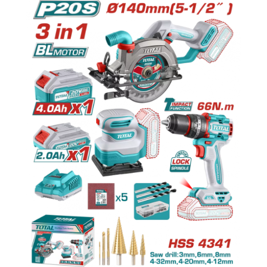TOTAL - KIT COMBO 20V - FIERASTRAU CIRCULAR, MASINA DE GAURIT CU IMPACT, SLEFUITOR (INCLUDE 2 ACUMUL