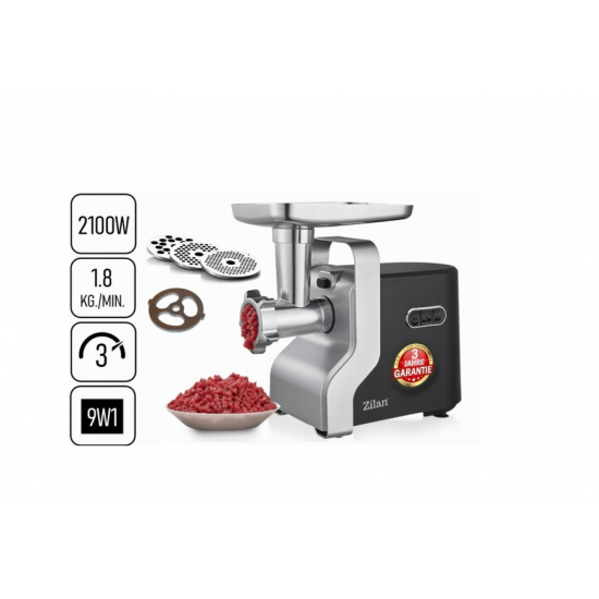 Masina de tocat carne multifunctionala ZILAN ZLN0126, Negru/Gri 2100 W, 3 viteze, Accesorii pentru feliat legume, Accesoriu pentru carnati, Accesorii pentru feliere si maruntire, Cutit inox