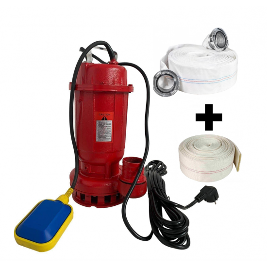 Pachet Cu Pompa apa murdara din fonta DDT rosie WQD10 cu plutitor, 1100 W, 15 m³/h + Furtunul de pompier 2'' 20 m, 8 bari, cu cuple + Furtunul de pompier 2'' 20 m, 8 bari