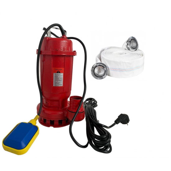 Pachet Cu Pompa apa murdara din fonta DDT rosie WQD10 cu plutitor, 1100 W, 15 m³/h + Furtunul de pompier 2'' 20 m, 8 bari, cu cuple + Furtunul de pompier 2'' 20 m, 8 bari