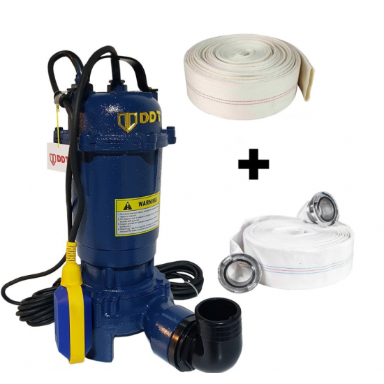 Pompa submersibila cu tocator si plutitor, DDT, WQD10, 2600W + Furtun pompier, 20 metri, 2 toli + Furtunul de pompier 2'' 20 m, 8 bari, cu cuple