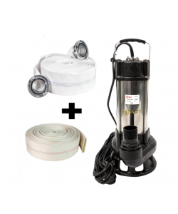 Pompa submersibila cu dublu tocator pentru apa murdara, DDT, V1500T, 1500 W, Inox + Furtun pompier, 20 metri, 2 toli + Furtunul de pompier 2'' 20 m, 8 bari, cu cuple